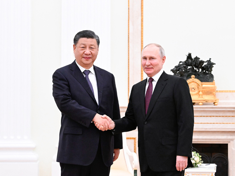 当地时间3月20日下午，刚刚抵达莫斯科的国家主席习近平应约在克里姆林宫会见俄罗斯总统普京。新华社记者申宏摄